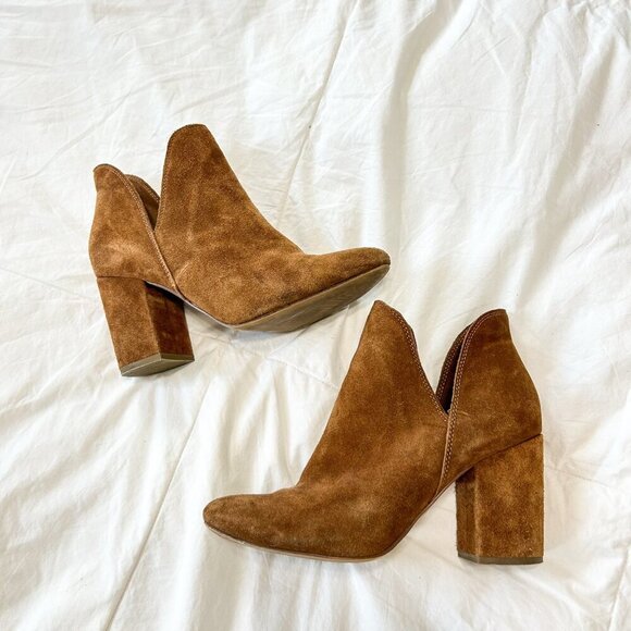 Michael Shannon Shoes - Michael by Michael Shannon Tan Suede Leather Block Heel Booties Women’s Size 9